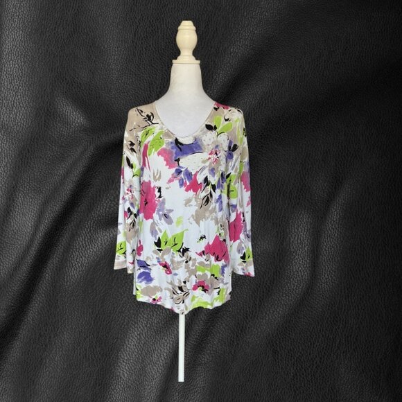 Peck & Peck Floral Print Lightweight Knit Top w/Sequin & Bead Accents Size XL - Picture 1 of 10